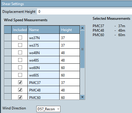 Shear Model Settings Selected Wind Speeds